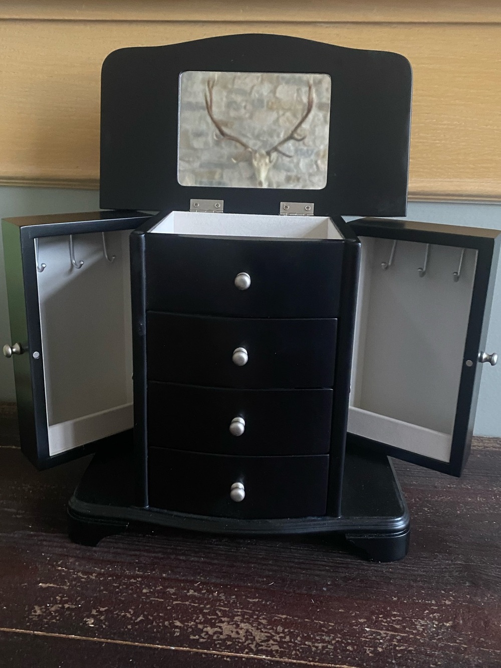 Black Jewelry Armoire Chest with Mirror and Side Hooks